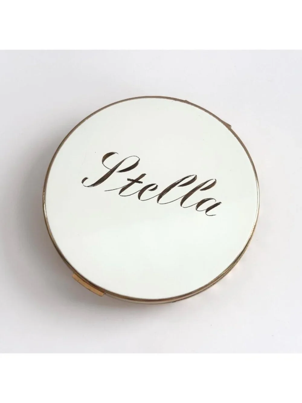 Rare Elgin American Powder Gold Toned STELLA Enamel & Mesh Hinged Mirror Compact